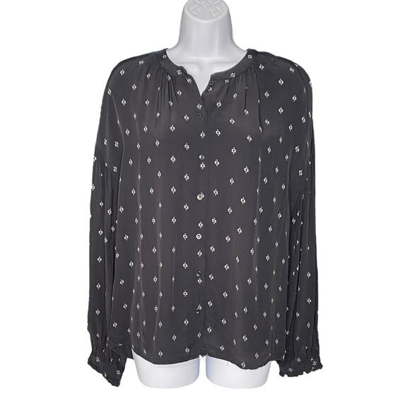 Something Navy Blouse Rayon Button Down Black Floral Large - Picture 1 of 8